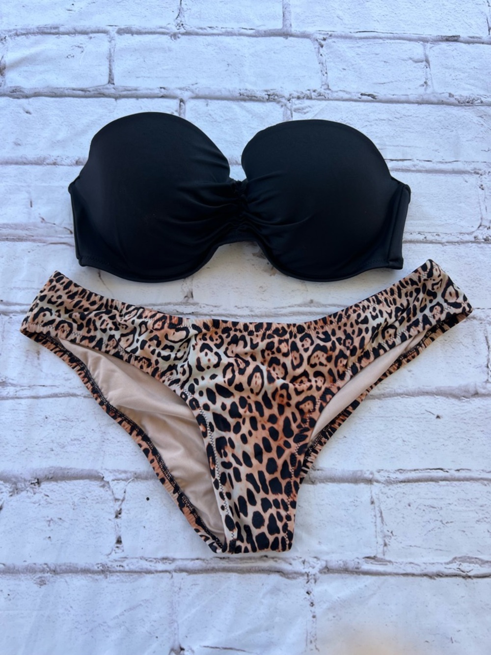 Victoria's Secret Black Strapless Bikini Top with Leopard Print Bottom